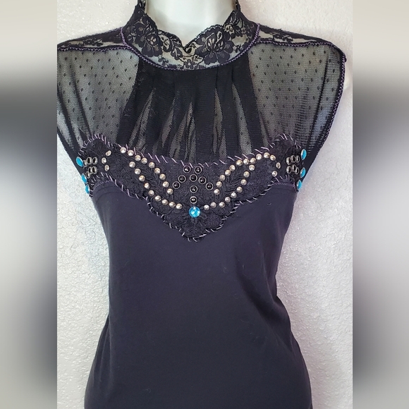 Free People Rare Black Sheer Lace Beaded Fitted Blouse Mandarin Collar Sz Medium - Picture 2 of 9